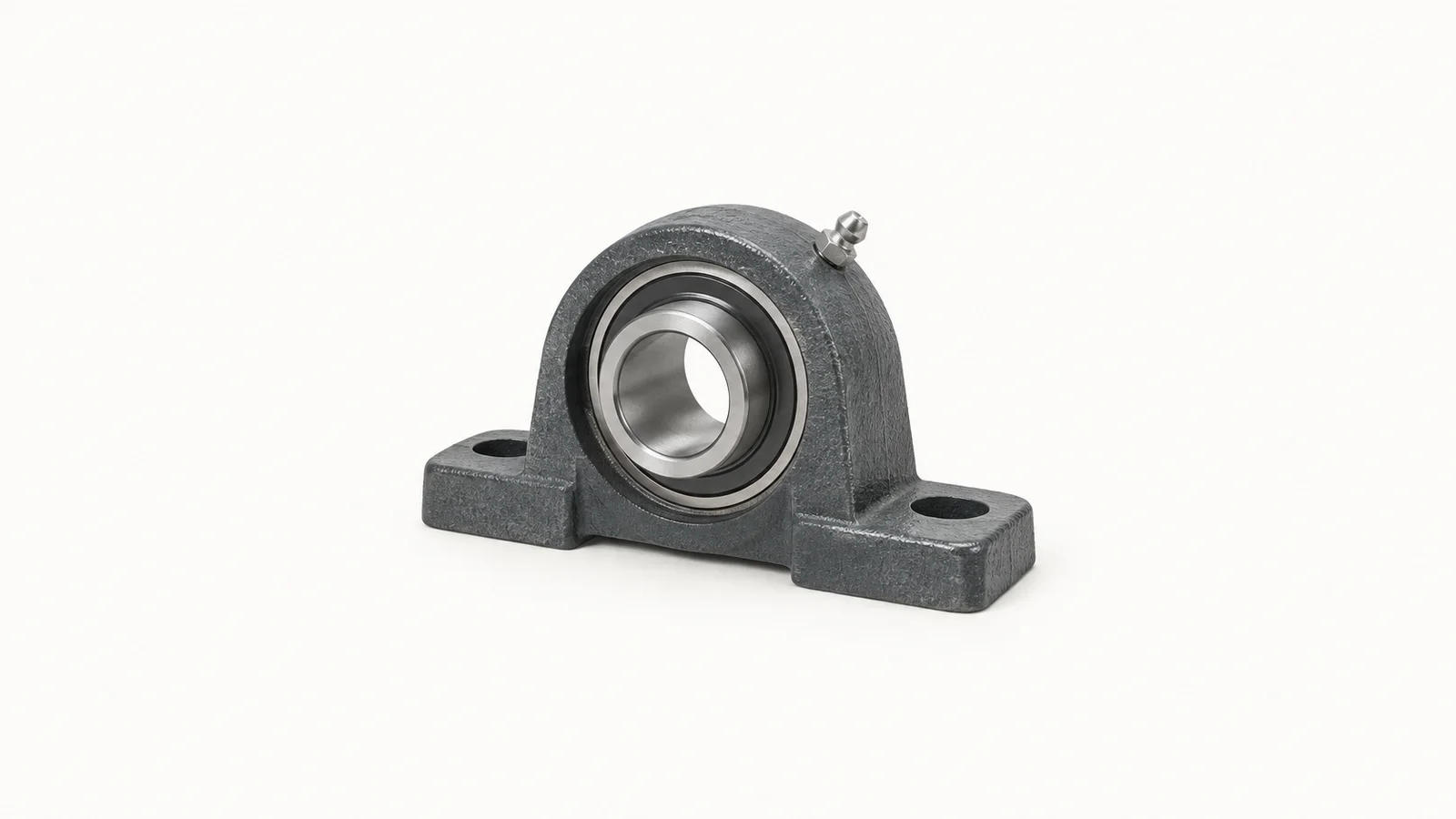 Isolated a pillow-block bearing housing in cast iron centred on a seamless pale off-white studio background, generous empty margin on every side for overlaid branding