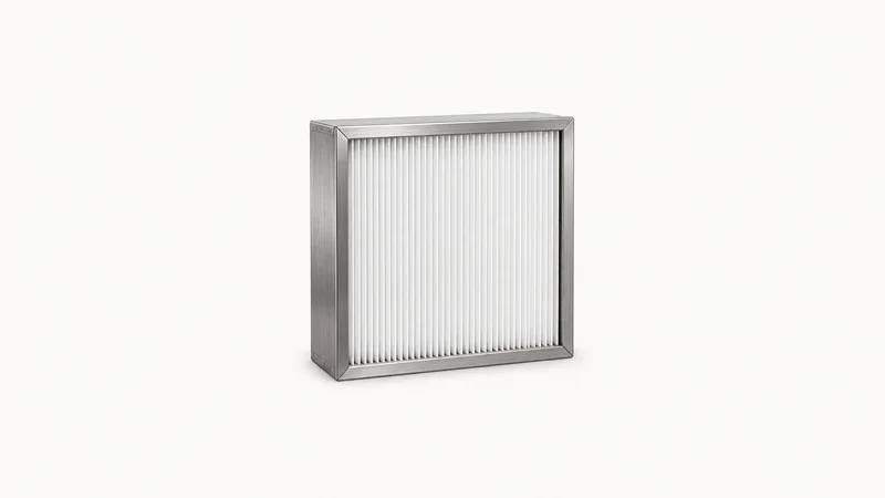 Isolated a HEPA filter cartridge in a stainless frame centred on a seamless pale off-white studio background, generous empty margin on every side for overlaid branding