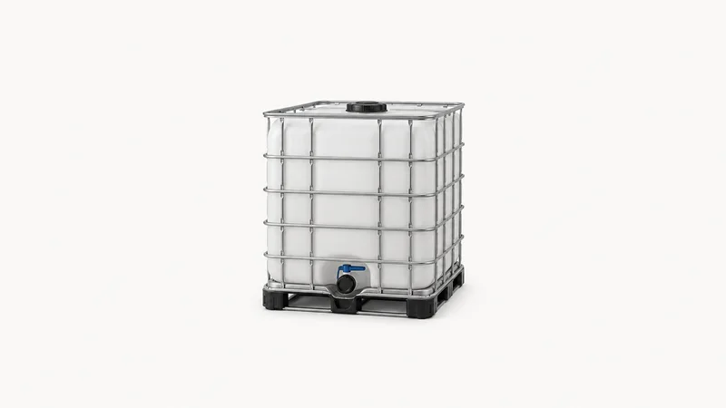 Isolated a sealed intermediate bulk container in a steel cage centred on a seamless pale off-white studio background, generous empty margin on every side for overlaid branding
