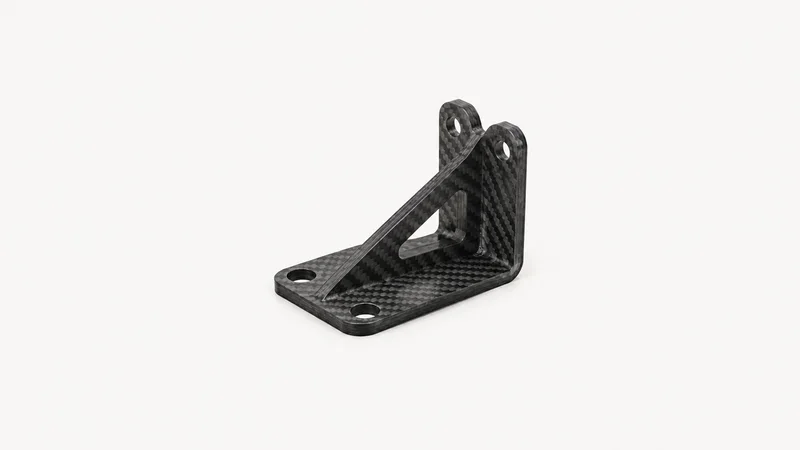 Isolated a cured carbon-fibre bracket with drilled holes centred on a seamless pale off-white studio background, generous empty margin on every side for overlaid branding