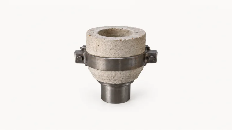 Isolated a steel ladle nozzle in refractory ceramic centred on a seamless pale off-white studio background, generous empty margin on every side for overlaid branding