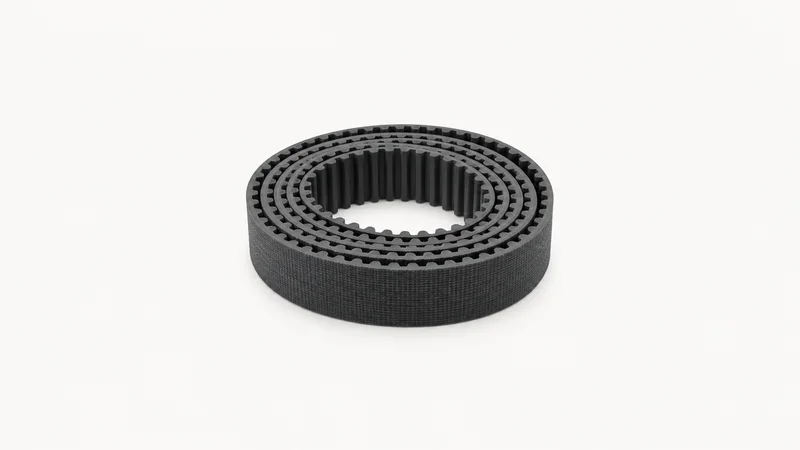 Isolated a coil of packaging-machine timing belt centred on a seamless pale off-white studio background, generous empty margin on every side for overlaid branding