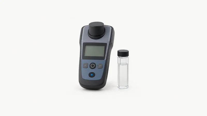 Isolated a handheld water-turbidity meter with a cuvette centred on a seamless pale off-white studio background, generous empty margin on every side for overlaid branding