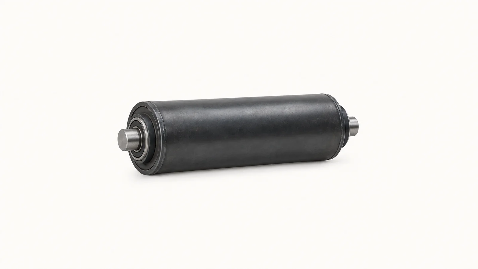 Isolated a mining conveyor idler roller with sealed bearings centred on a seamless pale off-white studio background, generous empty margin on every side for overlaid branding