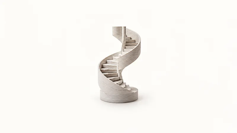 Abstract a staircase of stepped extruded layer lines rising in a spiral motif centred on a seamless pale off-white studio background, generous empty margin for overlaid branding