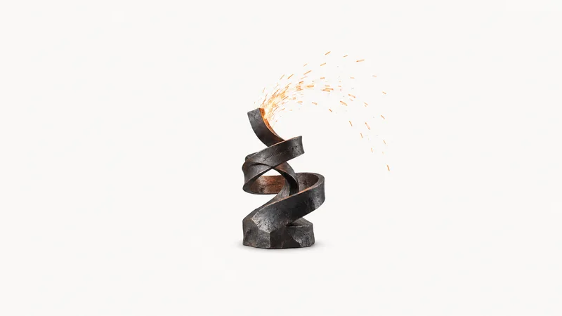 Abstract a spray of orange forge sparks frozen in an arc above dark iron motif centred on a seamless pale off-white studio background, generous empty margin for overlaid branding