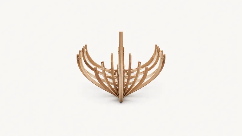 Abstract a fan of curved wooden hull ribs radiating from a central keel line motif centred on a seamless pale off-white studio background, generous empty margin for overlaid branding