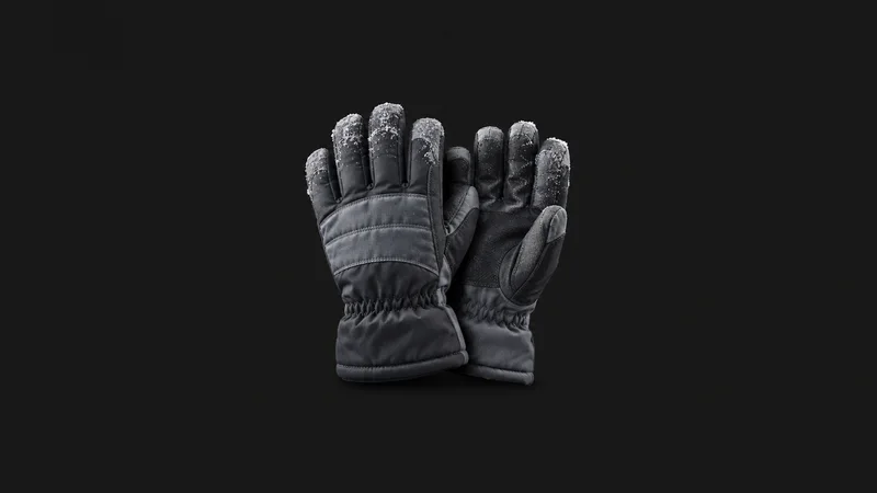 Isolated an insulated freezer glove pair stiff with frost on the fingertips centred on a seamless deep charcoal near-black studio background, generous empty margin on every side for overlaid branding