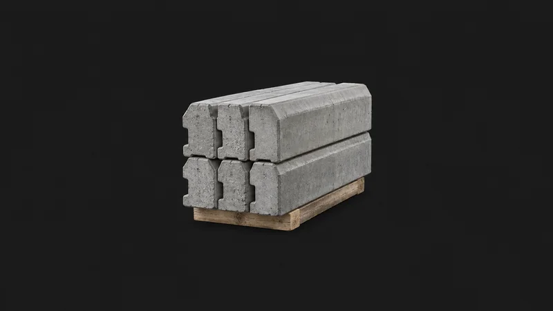 Isolated a stack of interlocking concrete kerbstones on a wooden bearer centred on a seamless deep charcoal near-black studio background, generous empty margin on every side for overlaid branding