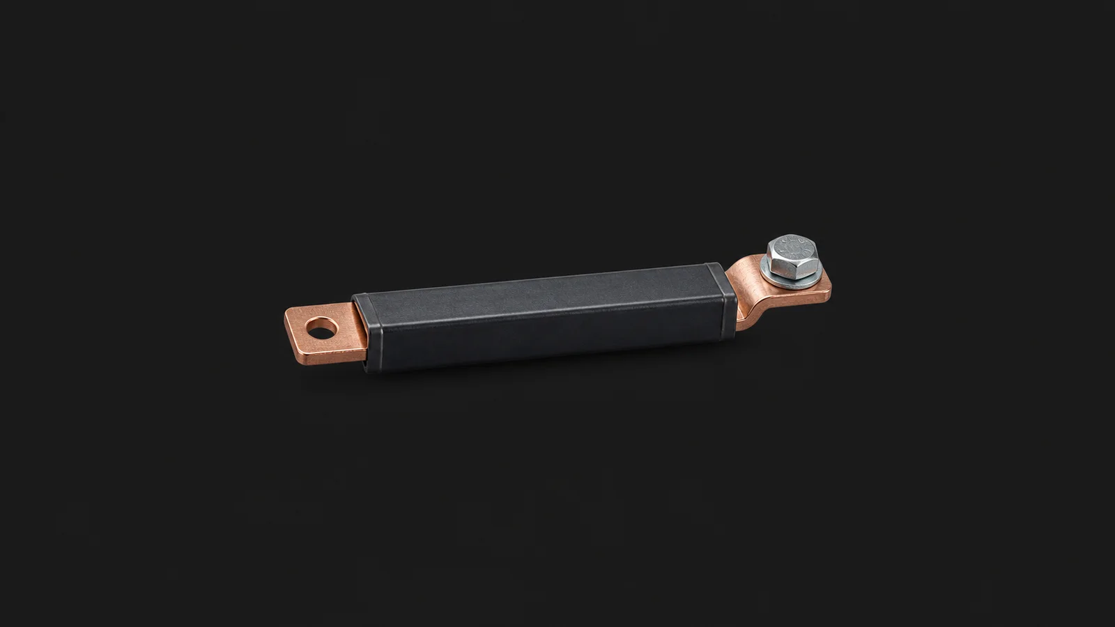Isolated an insulated copper bus bar with a bolted lug termination centred on a seamless deep charcoal near-black studio background, generous empty margin on every side for overlaid branding