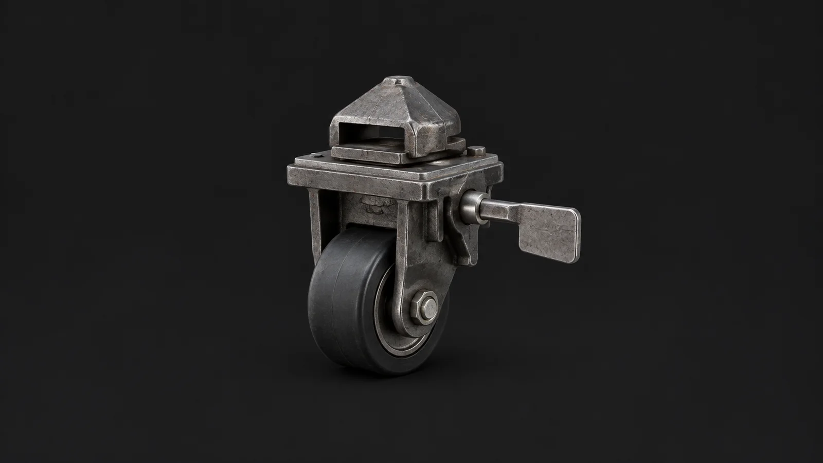 Isolated a rubber-wheeled container chassis twist-lock with a pin flag centred on a seamless deep charcoal near-black studio background, generous empty margin on every side for overlaid branding