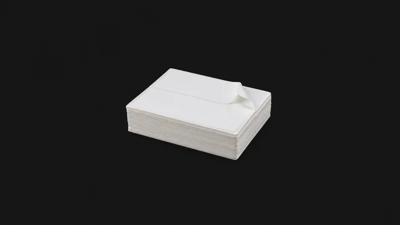 Isolated a stack of thermal shipping-label sheets peeling at one corner centred on a seamless deep charcoal near-black studio background, generous empty margin on every side for overlaid branding