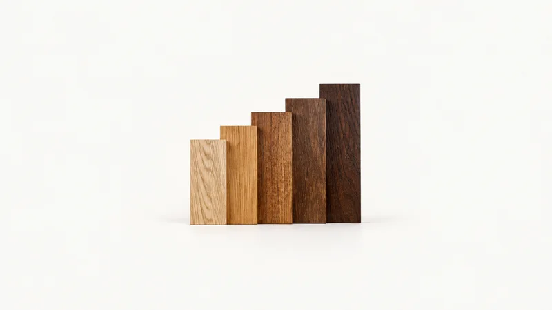 Abstract a gradient of wood-stain tones stepping from pale oak to dark walnut motif centred on a seamless pale off-white studio background, generous empty margin for overlaid branding