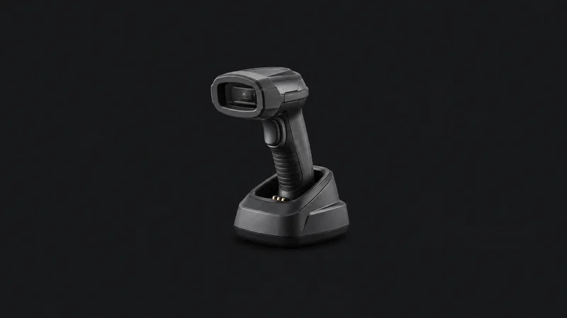 Isolated a rugged handheld barcode scanner in a cradle without a screen image centred on a seamless deep charcoal near-black studio background, generous empty margin on every side for overlaid branding