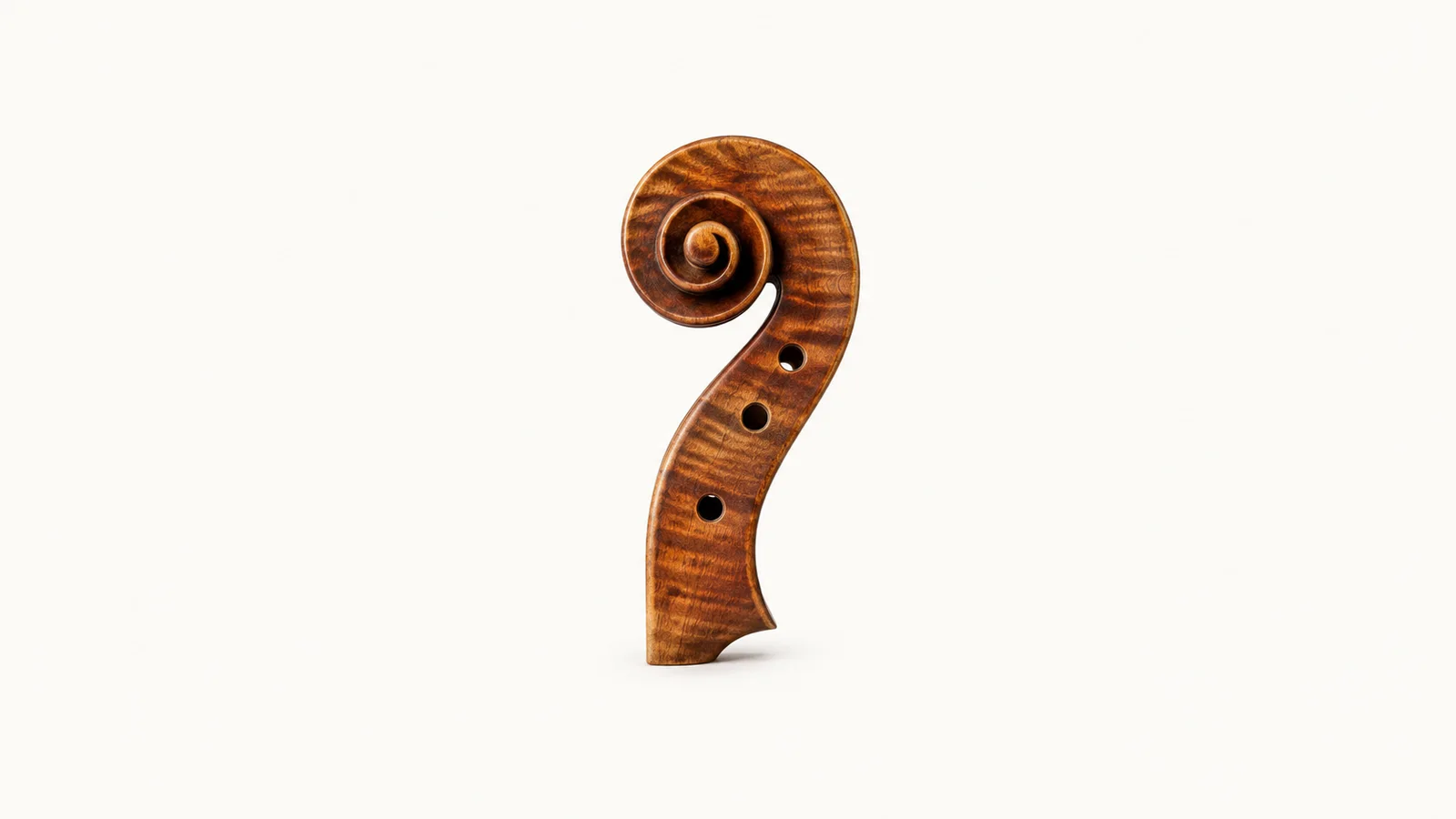 Abstract a spiralling scroll silhouette of a violin head in warm timber motif centred on a seamless pale off-white studio background, generous empty margin for overlaid branding