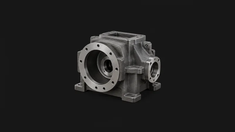 Isolated a shot-blasted cast-iron gearbox housing with machined faces centred on a seamless deep charcoal near-black studio background, generous empty margin on every side for overlaid branding
