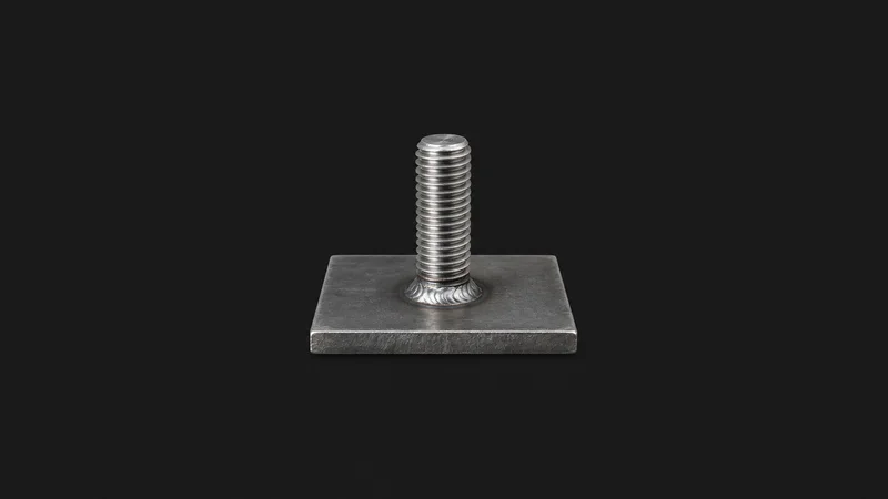Isolated a threaded steel weld stud fixed to a flat plate centred on a seamless deep charcoal near-black studio background, generous empty margin on every side for overlaid branding