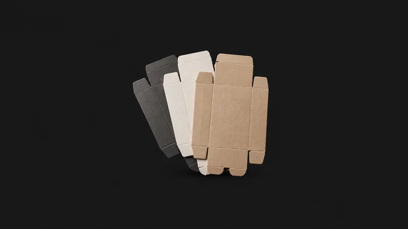 Isolated a set of glued carton blanks fanned at the seam centred on a seamless deep charcoal near-black studio background, generous empty margin on every side for overlaid branding