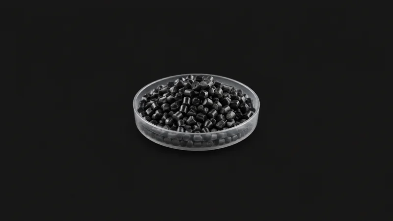 Isolated a colour-masterbatch pellet sample in a small tray centred on a seamless deep charcoal near-black studio background, generous empty margin on every side for overlaid branding