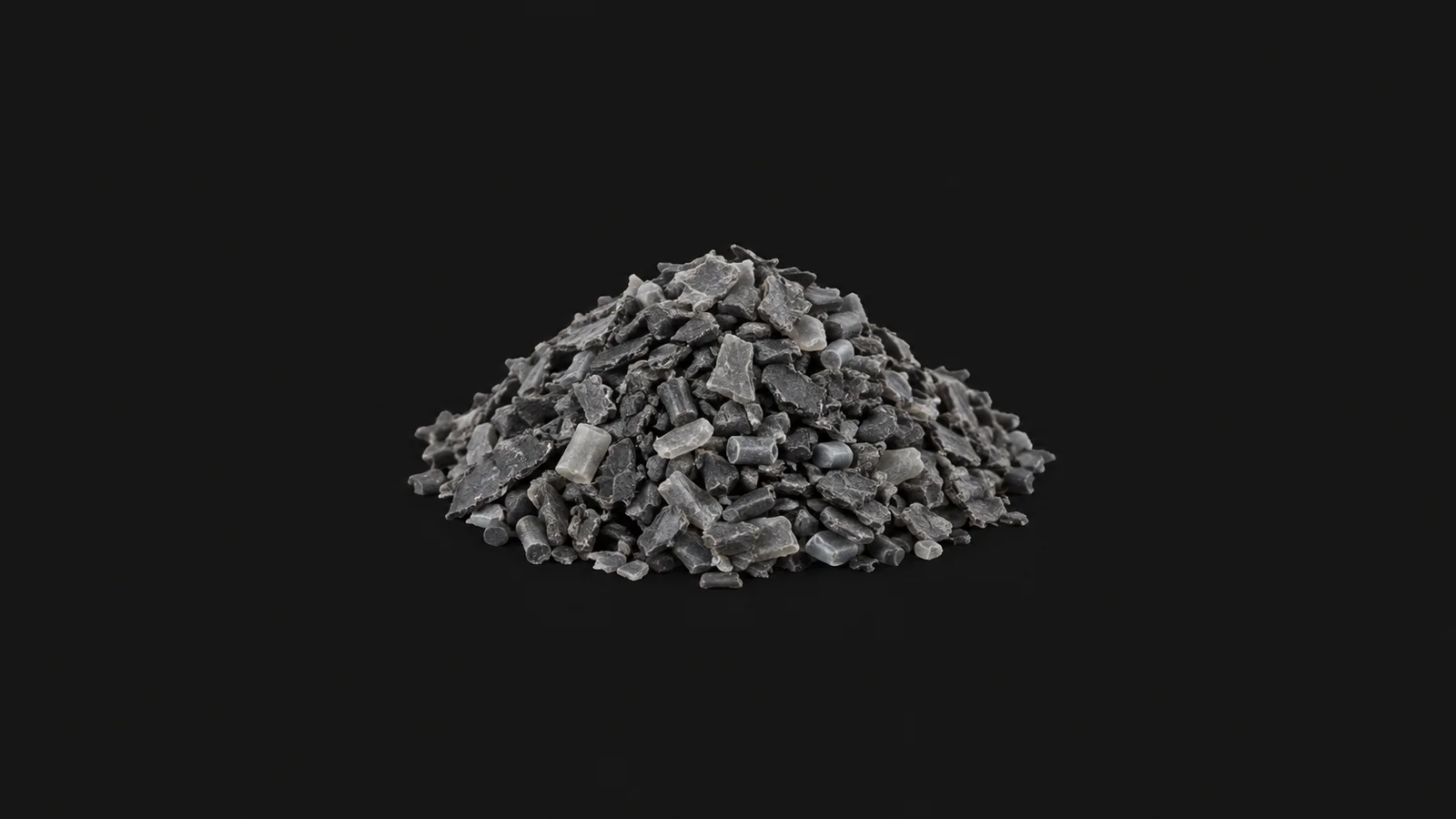 Isolated a handful of granulated HDPE regrind centred on a seamless deep charcoal near-black studio background, generous empty margin on every side for overlaid branding