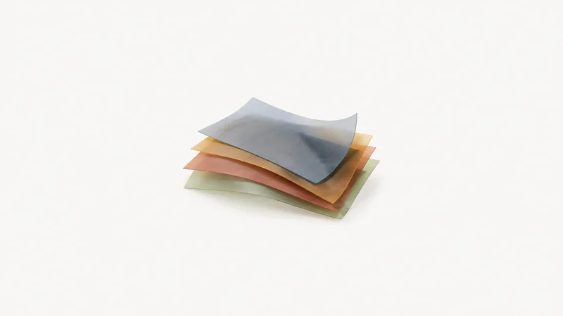 Abstract a stack of layered vinyl sheets in translucent colours motif centred on a seamless pale off-white studio background, generous empty margin for overlaid branding