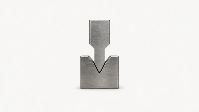 Abstract an interlocking punch and die profile seen edge-on motif centred on a seamless pale off-white studio background, generous empty margin for overlaid branding