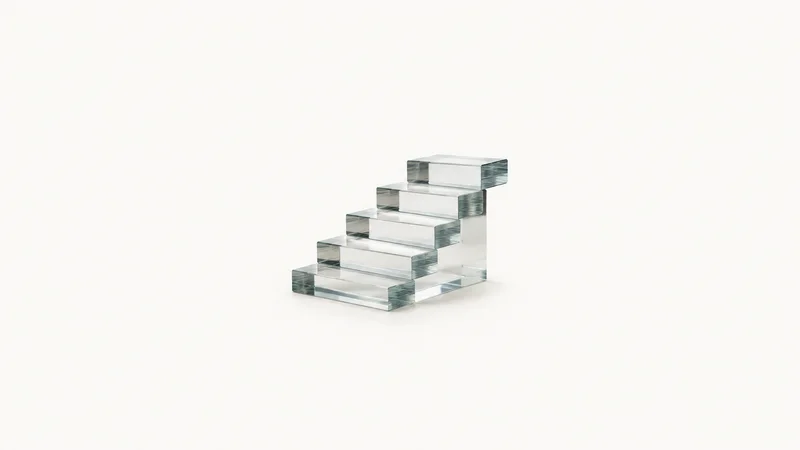 Abstract an ascending staircase of translucent ledger-like glass slabs motif centred on a seamless pale off-white studio background, generous empty margin for overlaid branding