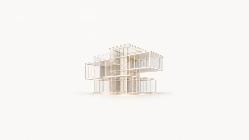 Abstract a wireframe of a building volume drawn in fine lines of light motif centred on a seamless pale off-white studio background, generous empty margin for overlaid branding