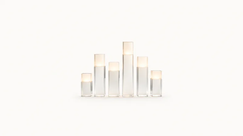 Abstract a tidy row of translucent columns each topped with a glowing figure-like bar motif centred on a seamless pale off-white studio background, generous empty margin for overlaid branding