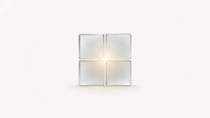 Abstract a two-by-two grid of frosted glass quadrants with one glowing motif centred on a seamless pale off-white studio background, generous empty margin for overlaid branding