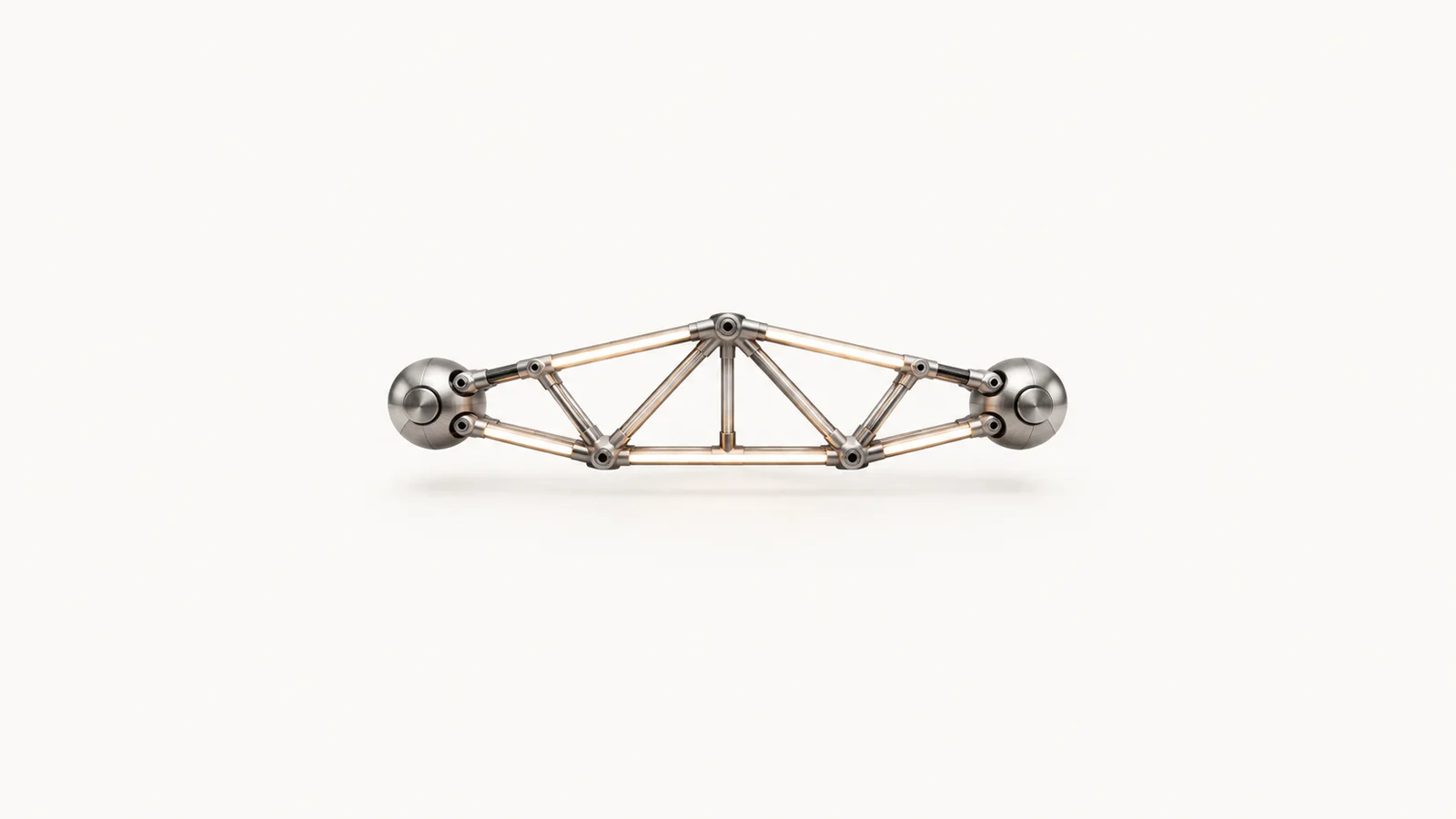 Abstract a truss of glowing struts spanning between two nodes motif centred on a seamless pale off-white studio background, generous empty margin for overlaid branding