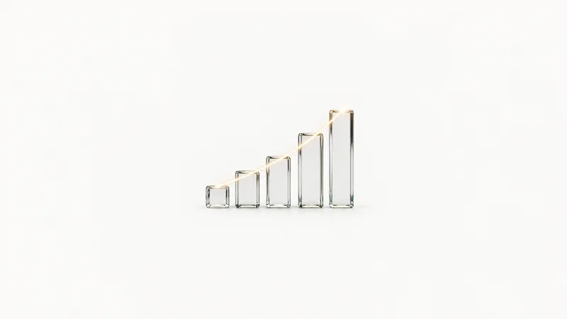 Abstract an upward-trending line of light tracing over glass bars motif centred on a seamless pale off-white studio background, generous empty margin for overlaid branding
