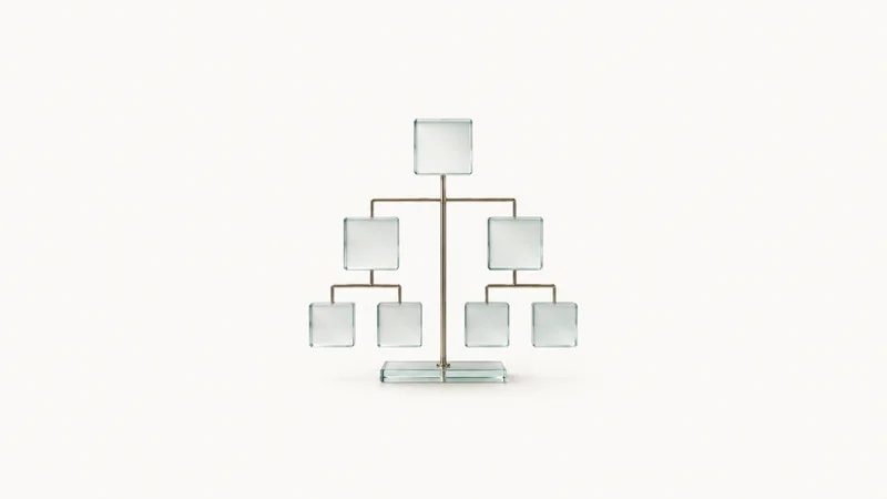 Abstract a branching tree of translucent tiles like an org chart motif centred on a seamless pale off-white studio background, generous empty margin for overlaid branding