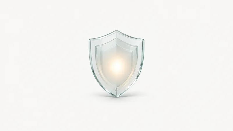Abstract a translucent shield of layered glass panels sheltering a glowing core motif centred on a seamless pale off-white studio background, generous empty margin for overlaid branding