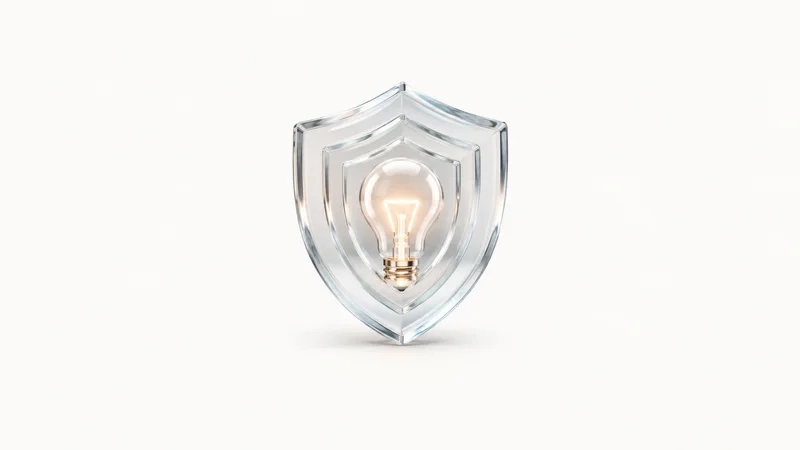 Abstract a glowing lightbulb outline nested inside translucent shield layers motif centred on a seamless pale off-white studio background, generous empty margin for overlaid branding