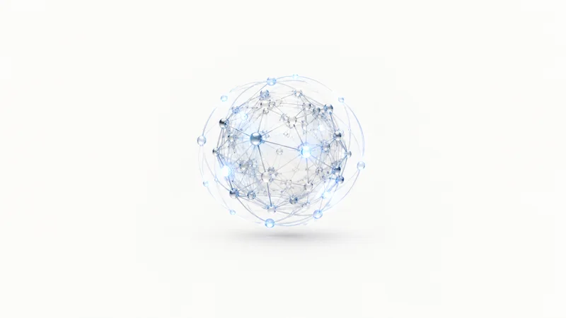 Abstract a mesh of luminous nodes wrapped in a soft protective halo motif centred on a seamless pale off-white studio background, generous empty margin for overlaid branding