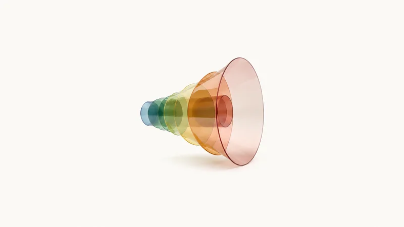 Abstract a megaphone-shaped cone of overlapping translucent colour discs motif centred on a seamless pale off-white studio background, generous empty margin for overlaid branding