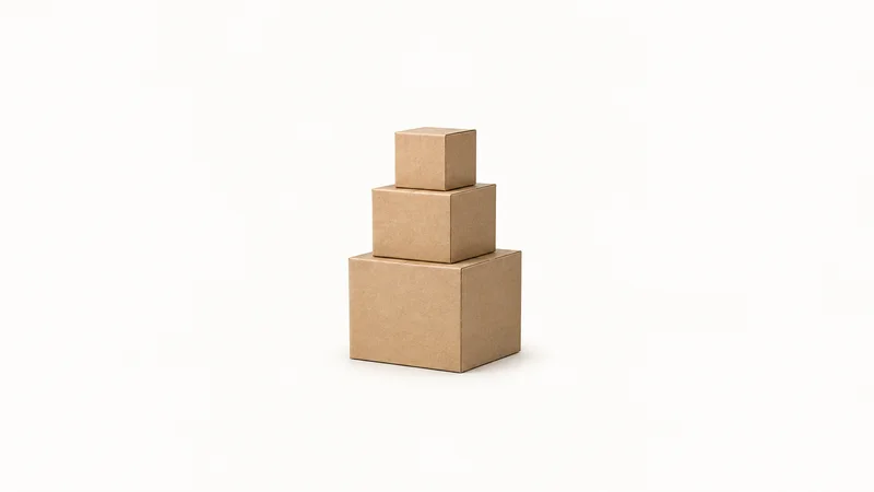 Abstract a tower of nested cardboard cubes ascending in step motif centred on a seamless pale off-white studio background, generous empty margin for overlaid branding