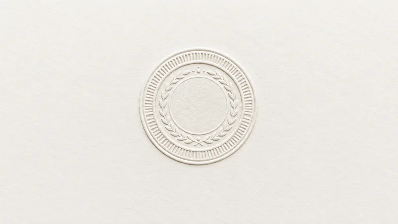 Abstract a circular embossed seal impression raised from matte paper motif centred on a seamless pale off-white studio background, generous empty margin for overlaid branding