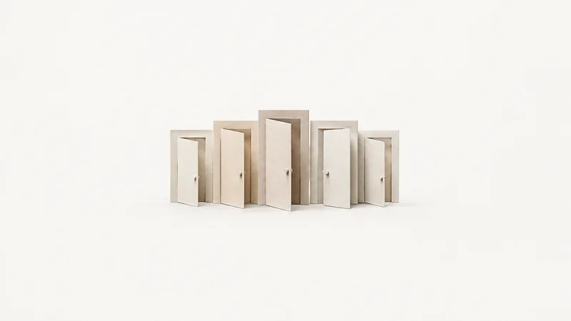 Abstract a row of pale door silhouettes cut from layered card motif centred on a seamless pale off-white studio background, generous empty margin for overlaid branding