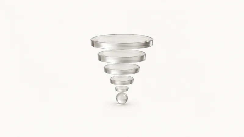 Abstract a funnel of translucent discs narrowing to a single sphere motif centred on a seamless pale off-white studio background, generous empty margin for overlaid branding