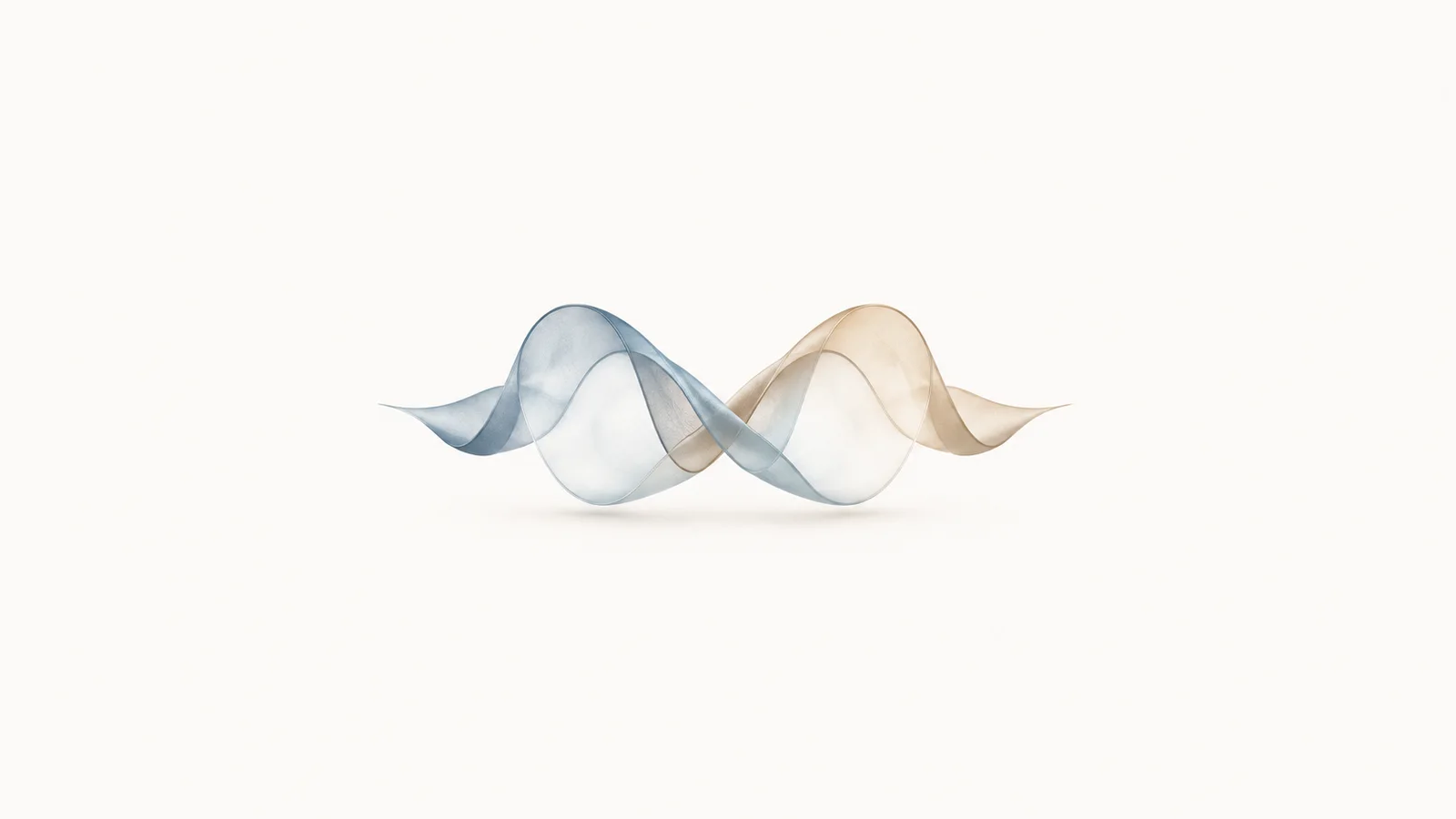 Abstract two mirrored speech-wave ribbons crossing at the centre motif centred on a seamless pale off-white studio background, generous empty margin for overlaid branding
