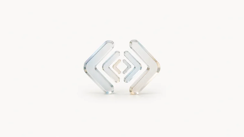 Abstract a cascade of nested translucent code-bracket shapes motif centred on a seamless pale off-white studio background, generous empty margin for overlaid branding
