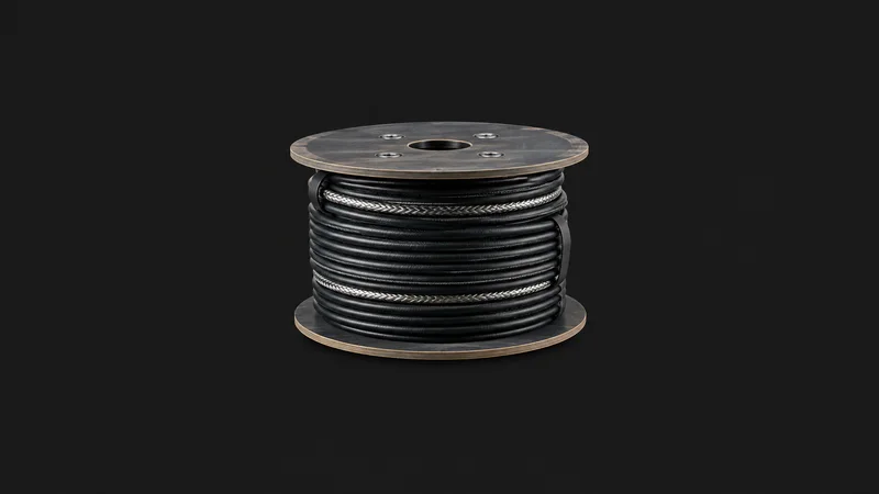 Isolated a coil of armoured fibre trunk cable on a spool centred on a seamless deep charcoal near-black studio background, generous empty margin on every side for overlaid branding