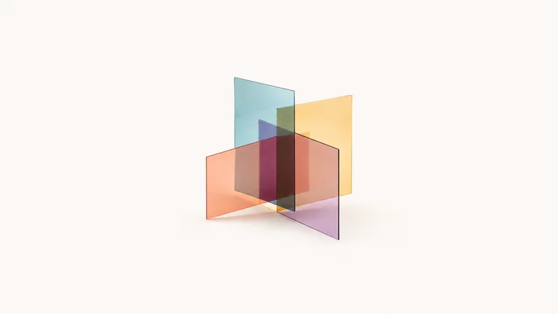 Abstract overlapping translucent colour-swatch planes motif centred on a seamless pale off-white studio background, generous empty margin for overlaid branding
