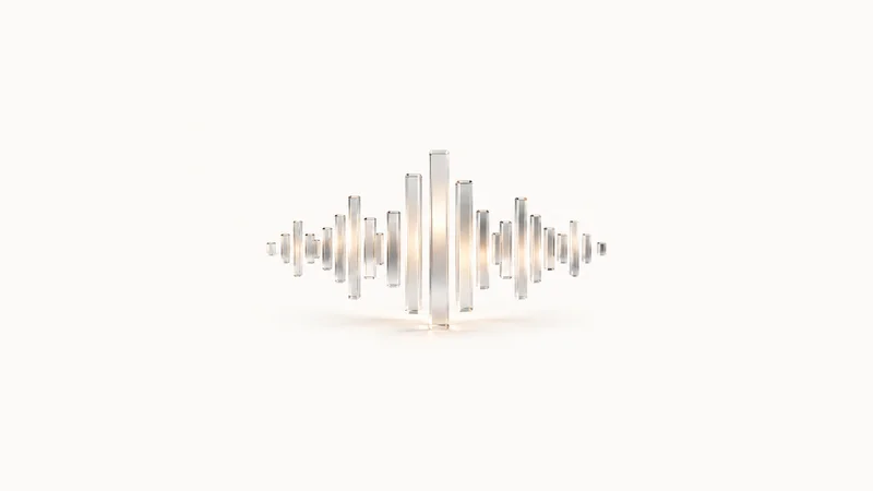 Abstract a waveform of translucent bars rippling through a soft glow motif centred on a seamless pale off-white studio background, generous empty margin for overlaid branding