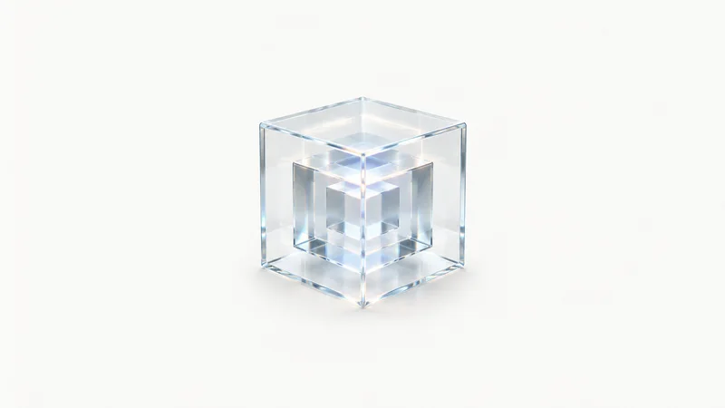 Abstract a nested set of translucent cubes with glowing edges like modules motif centred on a seamless pale off-white studio background, generous empty margin for overlaid branding