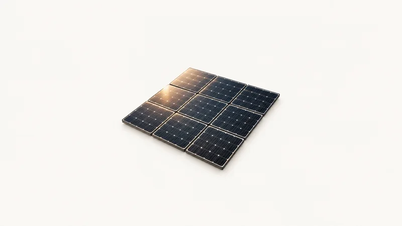 Abstract a tessellated field of dark glass tiles catching a low sun motif centred on a seamless pale off-white studio background, generous empty margin for overlaid branding