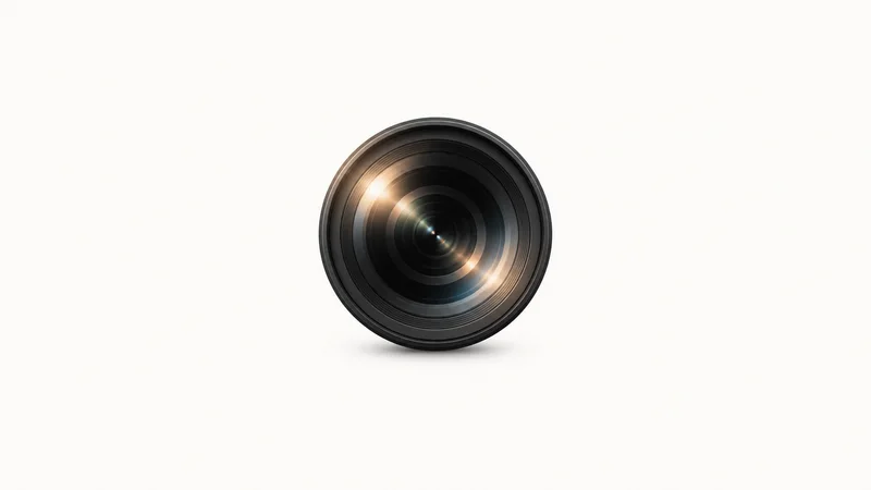 Abstract a sweep of lens-flare arcs across a dark field motif centred on a seamless pale off-white studio background, generous empty margin for overlaid branding