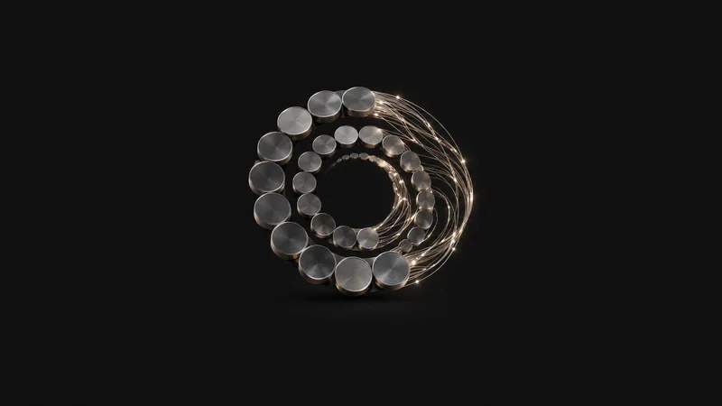 Abstract concentric rings of coin-like discs dissolving into flowing light motif centred on a seamless deep charcoal near-black studio background, generous empty margin for overlaid branding